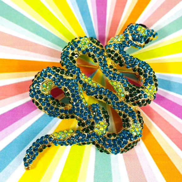 Mr. McSlither Giant Teal and lime Rhinestone Snake Serpent pin brooch pendant - Picture 2 of 7